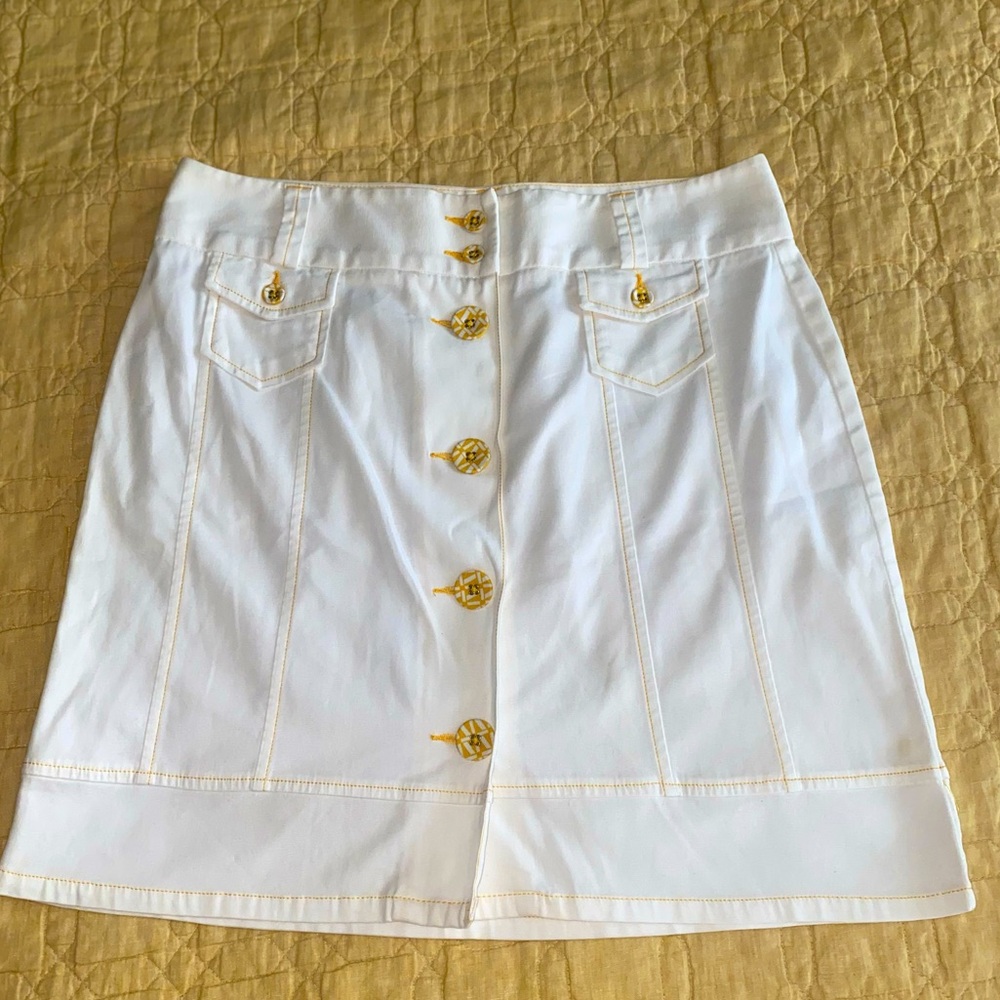 L.L.Bean White Denim Canvas A-Line Contrast Stitching Button-Front Mini Skirt 10